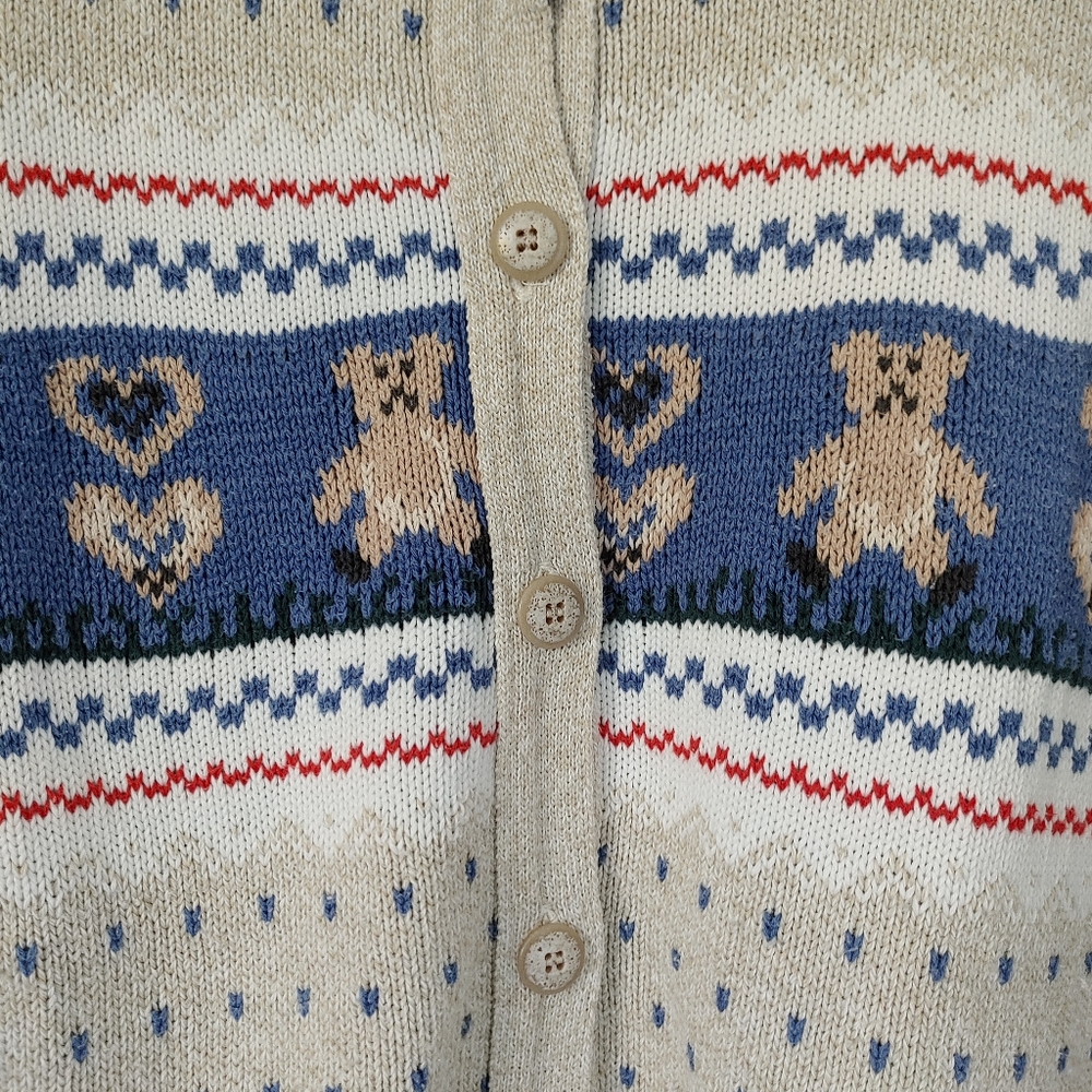 Vintage Cottage Cove Cardigan Knit Sweater Teddy Bear Hearts Size Medium Grandma - Picture 7 of 14